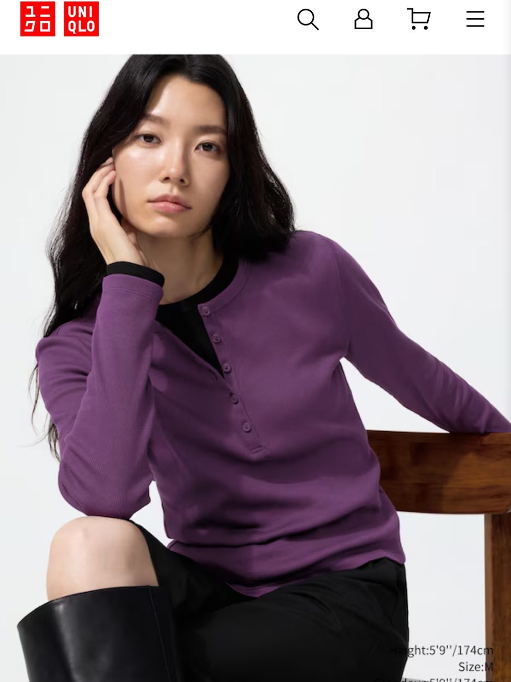 UNIQLO Women's Purple Henley Ribbed Long-Sleeve Top